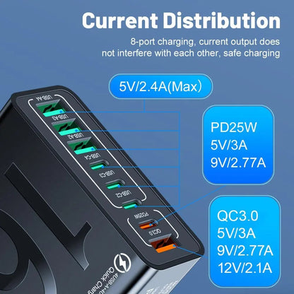 8-Port Smart USB-C & USB-A Fast Charging Hub for Phones & Tablets-3 pack